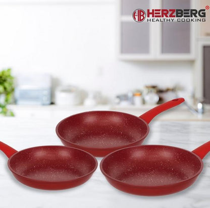 Set 3 Tigăi Herzberg cu Înveliș Marmorat – Roșu