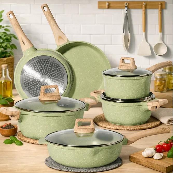 Set Vase de Gătit Just Perfecto – 15 Piese, Granit Verde