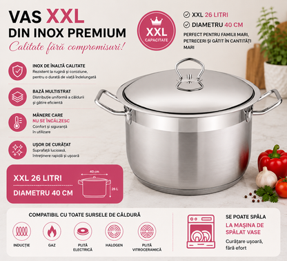 Oală XXL Cheffinger din inox cu capac – 26 L, Ø 40 cm