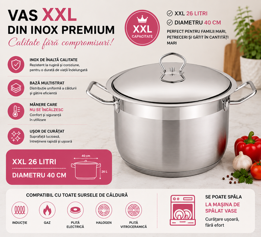 Oală XXL Cheffinger din inox cu capac – 26 L, Ø 40 cm