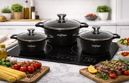 Set Oale Cheffinger 6 piese cu capace din sticlă | PFOA FREE | Culoare Negru Elegant