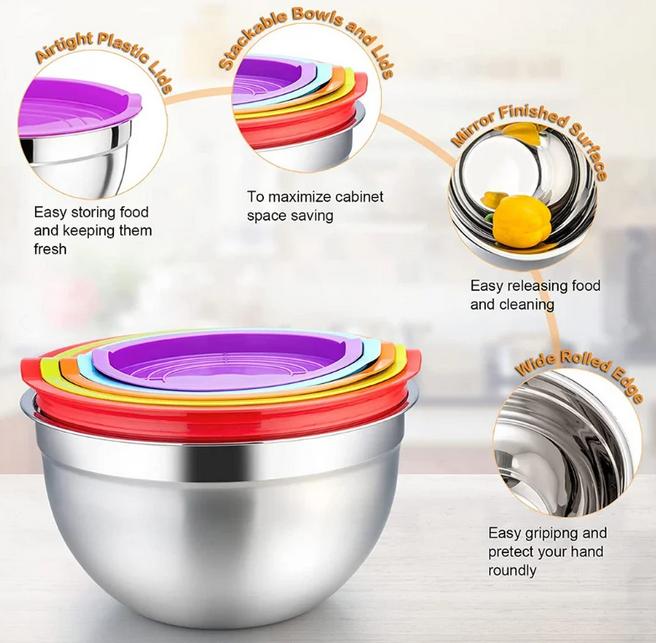 Set 5 Boluri pentru Mixare Herzberg cu Capace – Inox