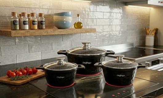 Set Oale Cheffinger 6 piese cu capace din sticlă | PFOA FREE | Culoare Negru Elegant