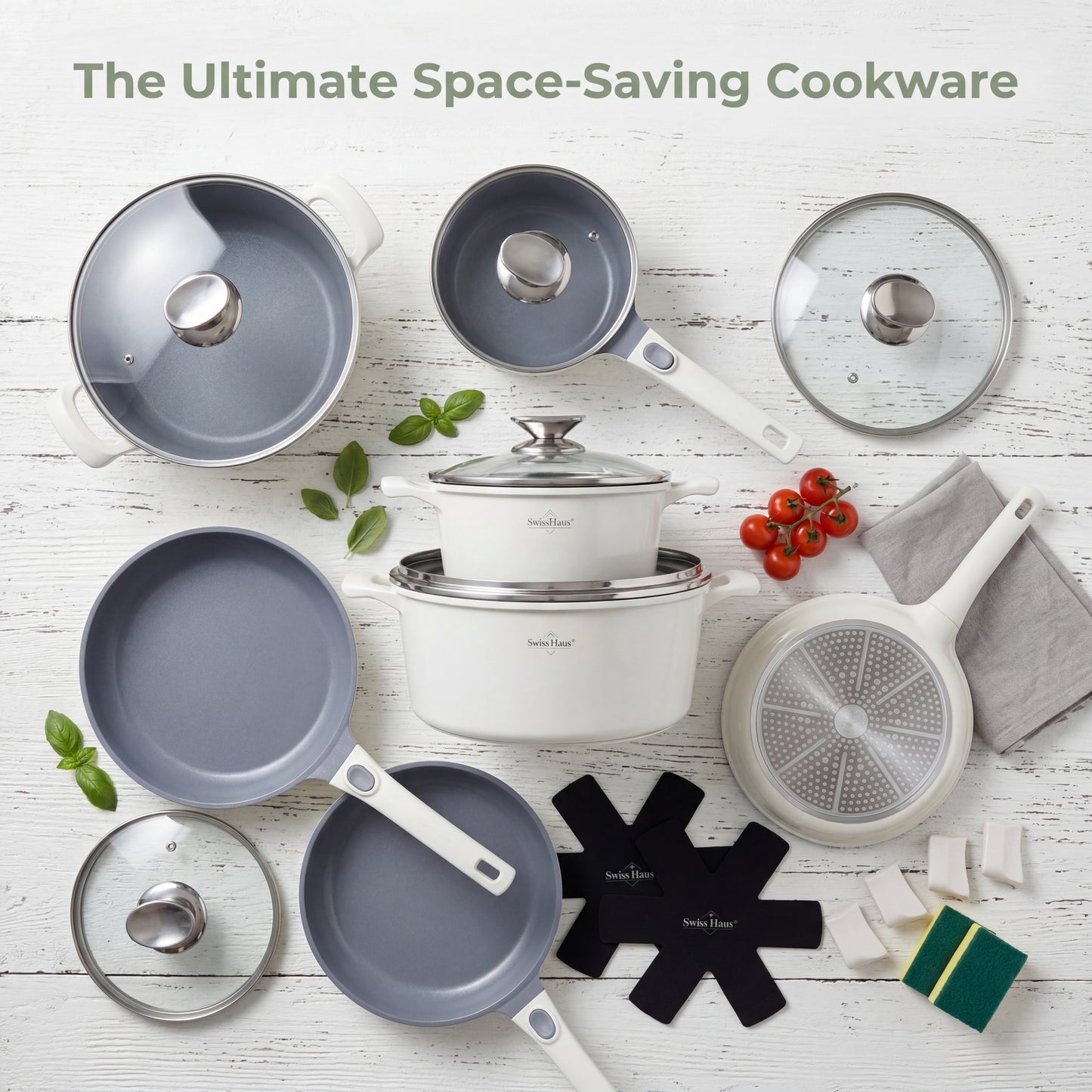 🍳 Set oale și tigăi 19 piese SwissHaus – Ceramică Sapphire, antiaderent, pentru toate tipurile de plite & cuptor