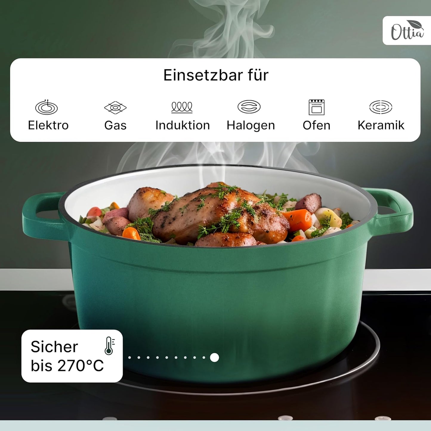 OTTIA Premium Oală din Fontă Emailată, 5 Litri, Verde