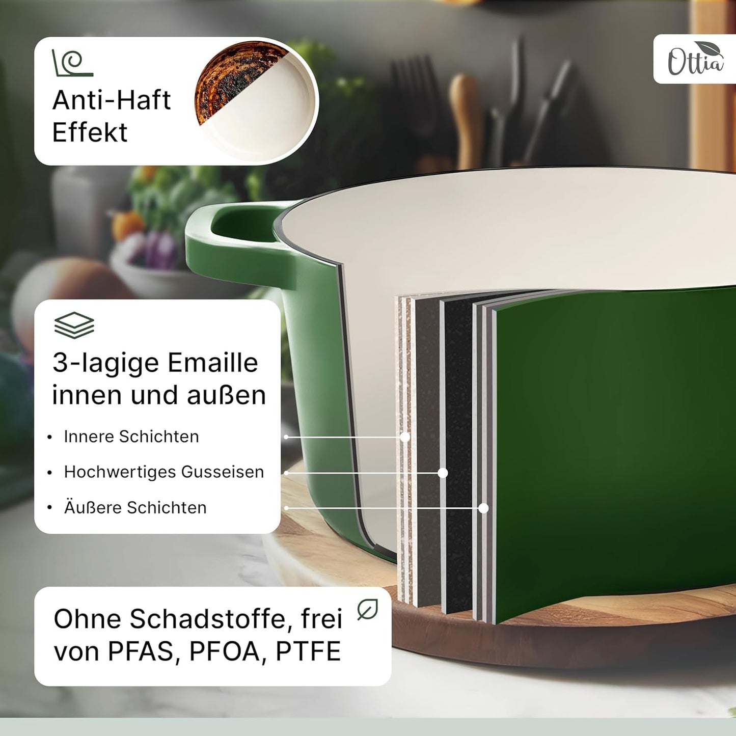 OTTIA Premium Oală din Fontă Emailată, 5 Litri, Verde