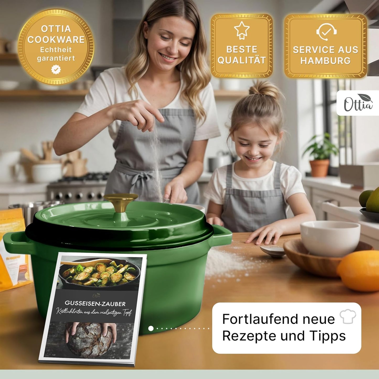 OTTIA Premium Oală din Fontă Emailată, 5 Litri, Verde