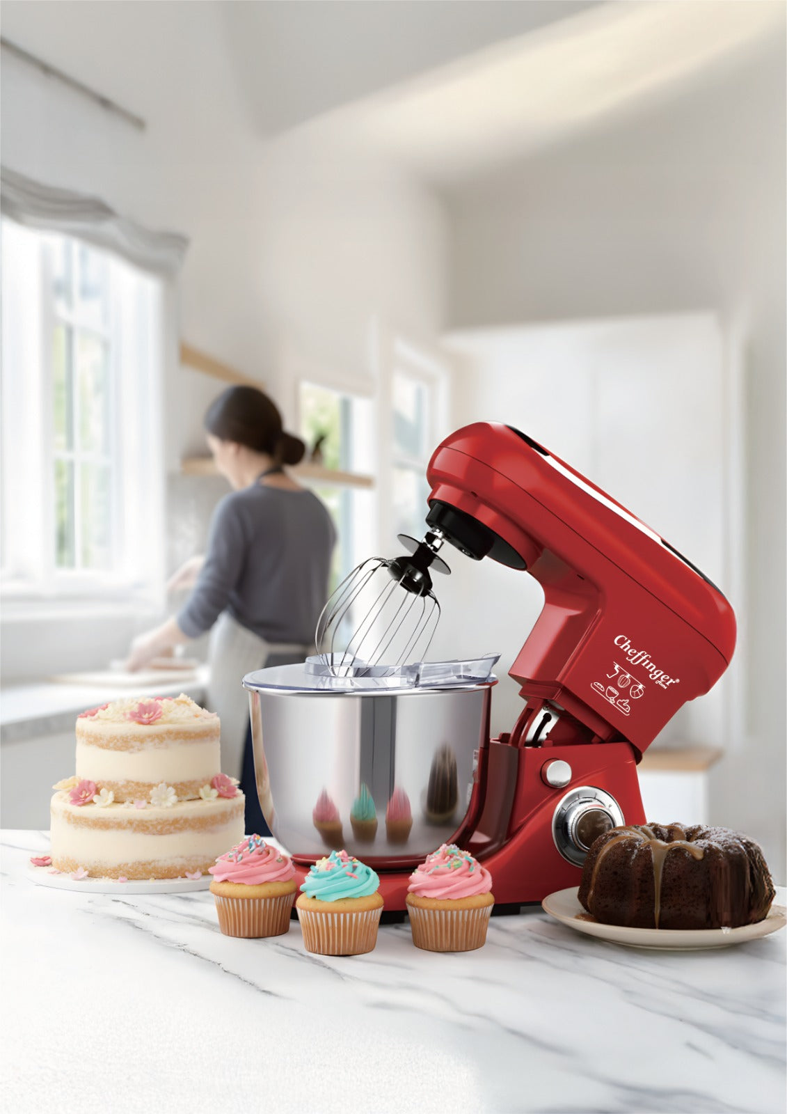 Robot de Bucătărie Cheffinger Home – 1600 W, Bol Inox 6,5 L, 6 Viteze, Roșu