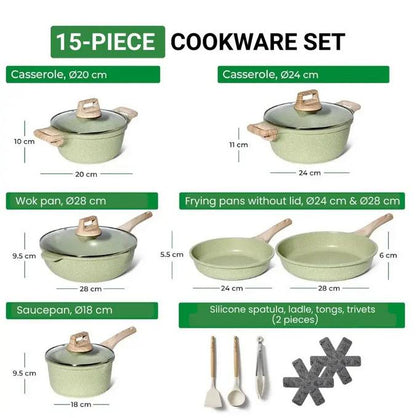 Set Vase de Gătit Just Perfecto – 15 Piese, Granit Verde
