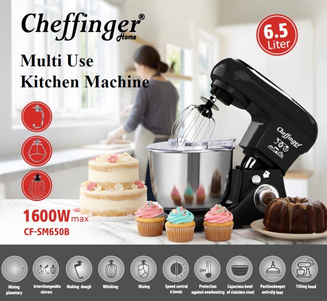 Robot de Bucătărie Cheffinger Home – 1600 W, Bol Inox 6,5 L, 6 Viteze, Roșu