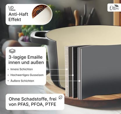 Ottia Oală din Fontă [inclusiv Coș de Dospire] - Oală Emailată de Înaltă Calitate 26cm 4,5 L- Ideală pentru potrivită pentru Inducție/cuptor și toate tipurile de plite