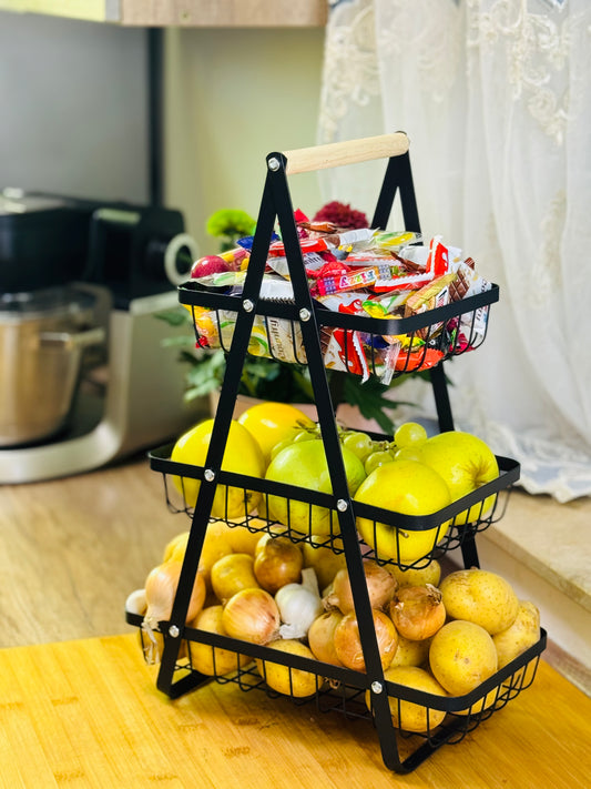 MaxEarn Coș Etajat din Metal cu 3 Niveluri – Coș Fructe și Legume cu Mâner din Lemn, Detasabil, Mare Capacitate, Ideal pentru Bucătărie, Baie sau Birou