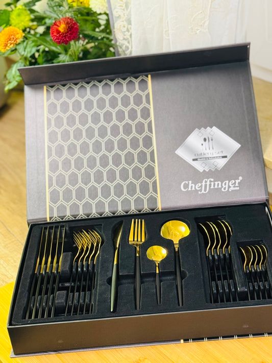 Set tacâmuri 24 piese – Negru & Auriu | Oțel inoxidabil 18/10