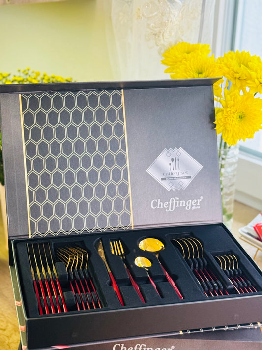 Set tacâmuri 24 piese – Roșu & Auriu | Oțel inoxidabil 18/10