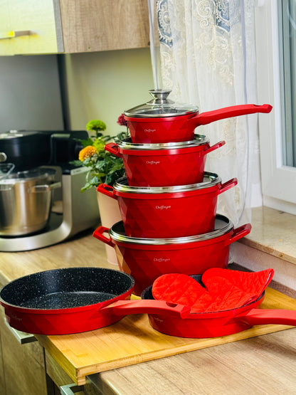 Set Diamant  Rosu Tigăi și Oale 12 Piese cu Capace din Sticlă – Aluminiu Turnat, Antiaderent, Potrivit pentru Inducție și Toate Tipurile de Plite