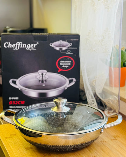 *Tigaie Wok 32 cm din Oțel Inoxidabil 18/10 cu Structură în Formă de Alveolă Ø32 cm pentru Inducție**
