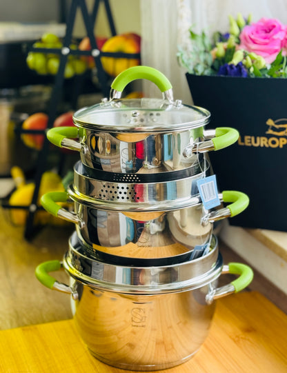Set oale inox 18/10 cu capace din sticlă – 3 oale (1,5L · 2,3L · 3,1L), inducție