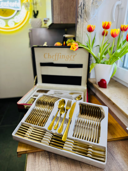 Set Tacâmuri Auriu Premium 72 Piese – Inox 18/10, 12 Persoane, cu Koffer