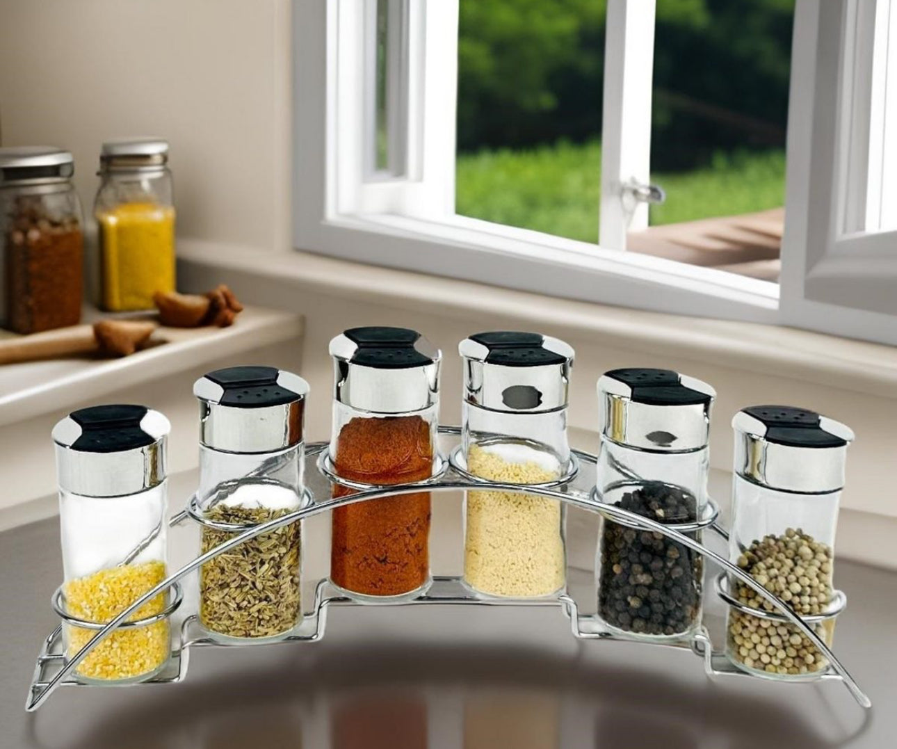 **Set Suport Condimente 6 Piese cu Recipient Sticlă & Oțel Inoxidabil – Elegant și Practic pentru Bucătăria Ta!**