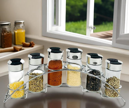 **Set Suport Condimente 6 Piese cu Recipient Sticlă & Oțel Inoxidabil – Elegant și Practic pentru Bucătăria Ta!**