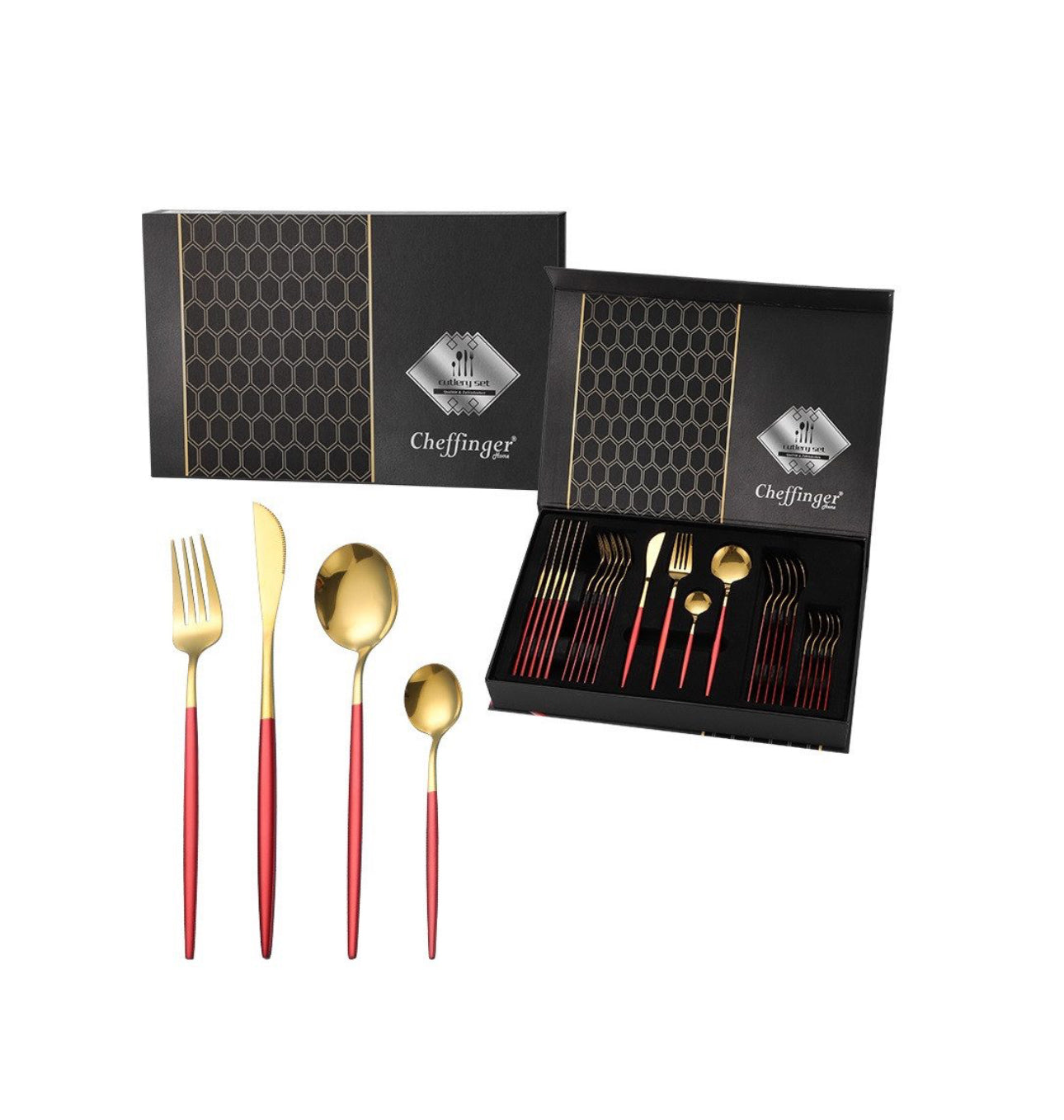 Set tacâmuri 24 piese – Roșu & Auriu | Oțel inoxidabil 18/10