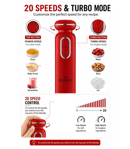 Mixer vertical Swiss Haus® Lake Geneva Collection – 600 W, funcție Turbo, picior detașabil din inox, roșu