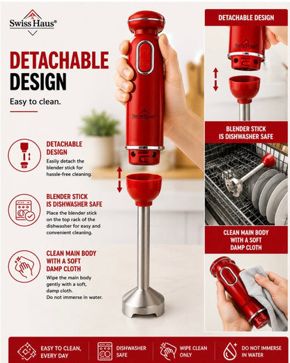 Mixer vertical Swiss Haus® Lake Geneva Collection – 600 W, funcție Turbo, picior detașabil din inox, roșu