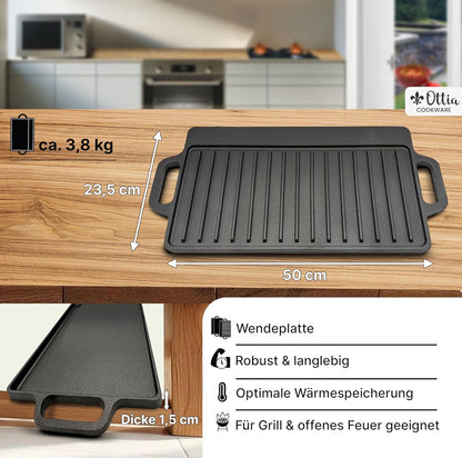 **Placă de Grătar din Fontă Ottia L (50 cm x 23,5 cm) - Utilizabilă pe Inducție, Cuptor și Toate Tipurile de Plite**