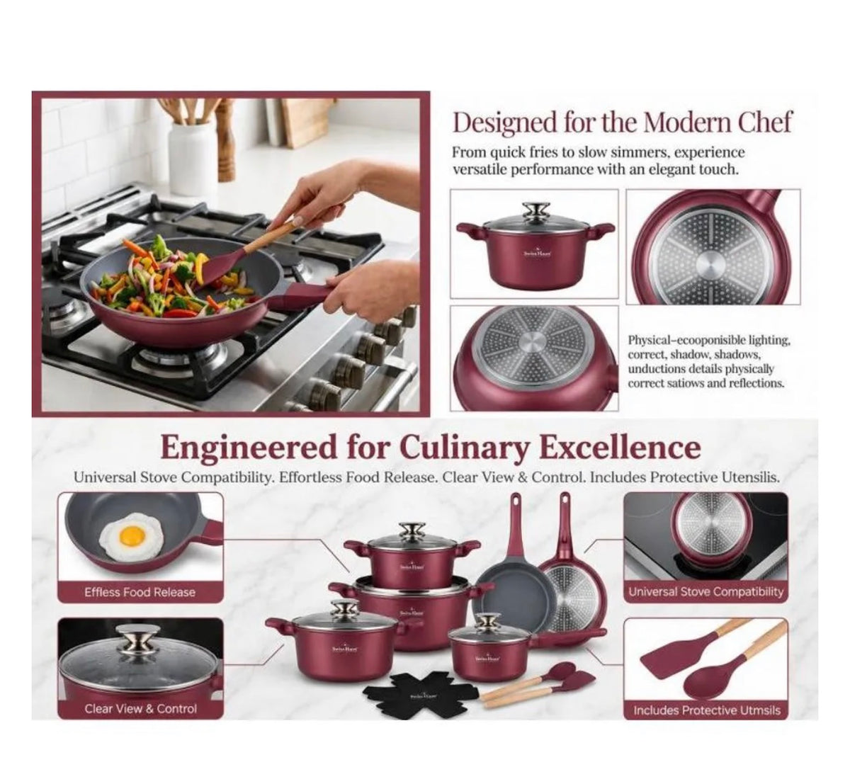 Set oale și tigăi Swiss Haus® Basel Collection – 14 piese Burgundy