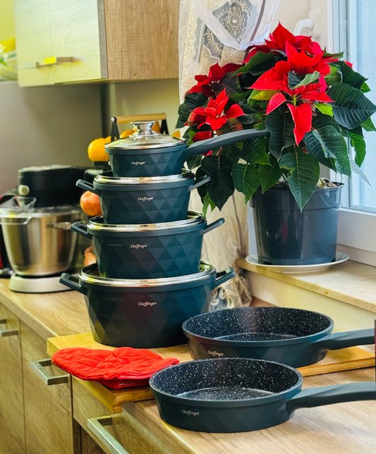 Cheffinger Set Diamant 12 Piese – Verde Închis, Marmură Antiaderentă, pentru Toate Tipurile de Plite