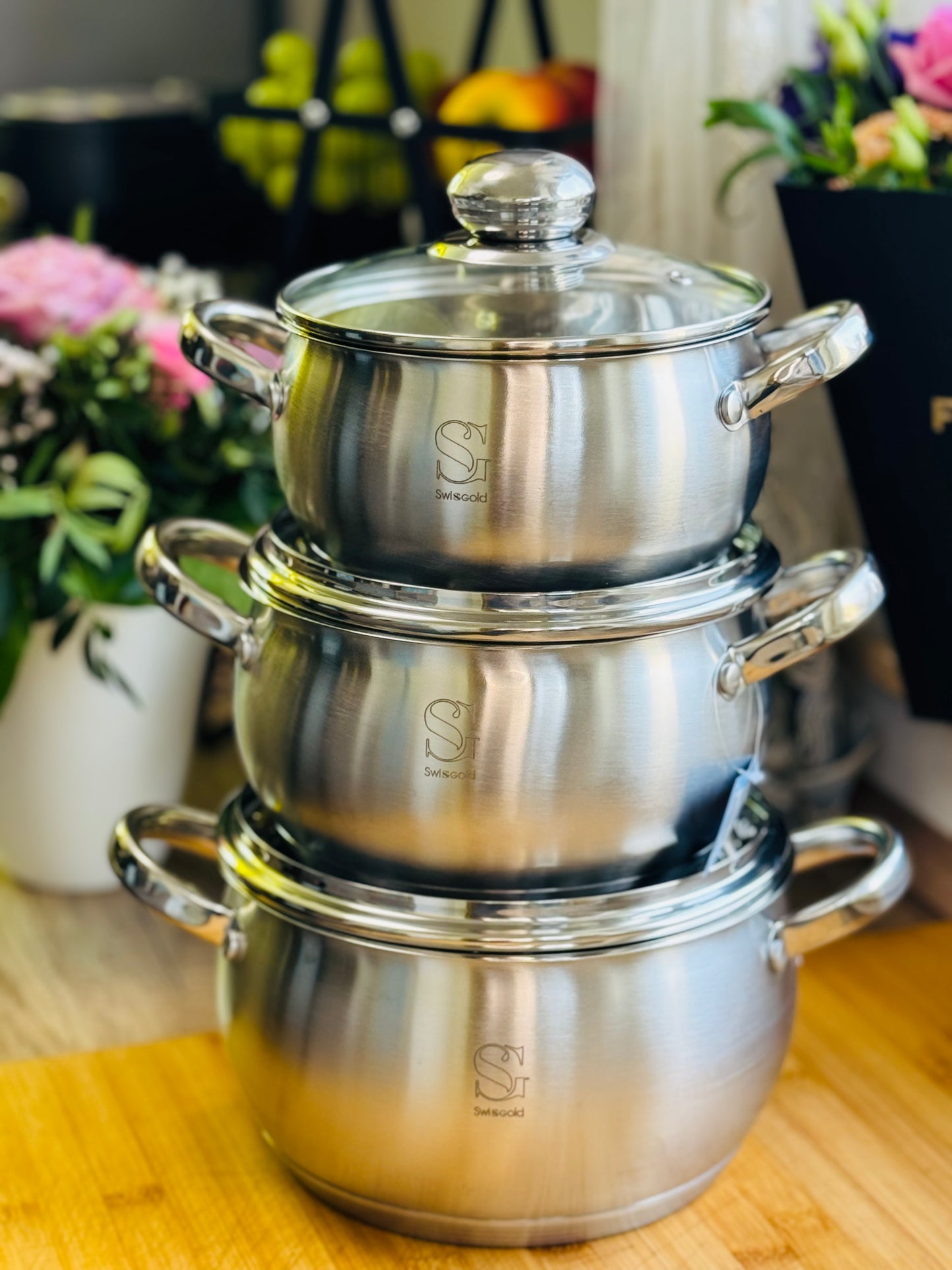 Set 3 vase inox 18/10 cu capace – 1,9L / 2,6L / 3,6L