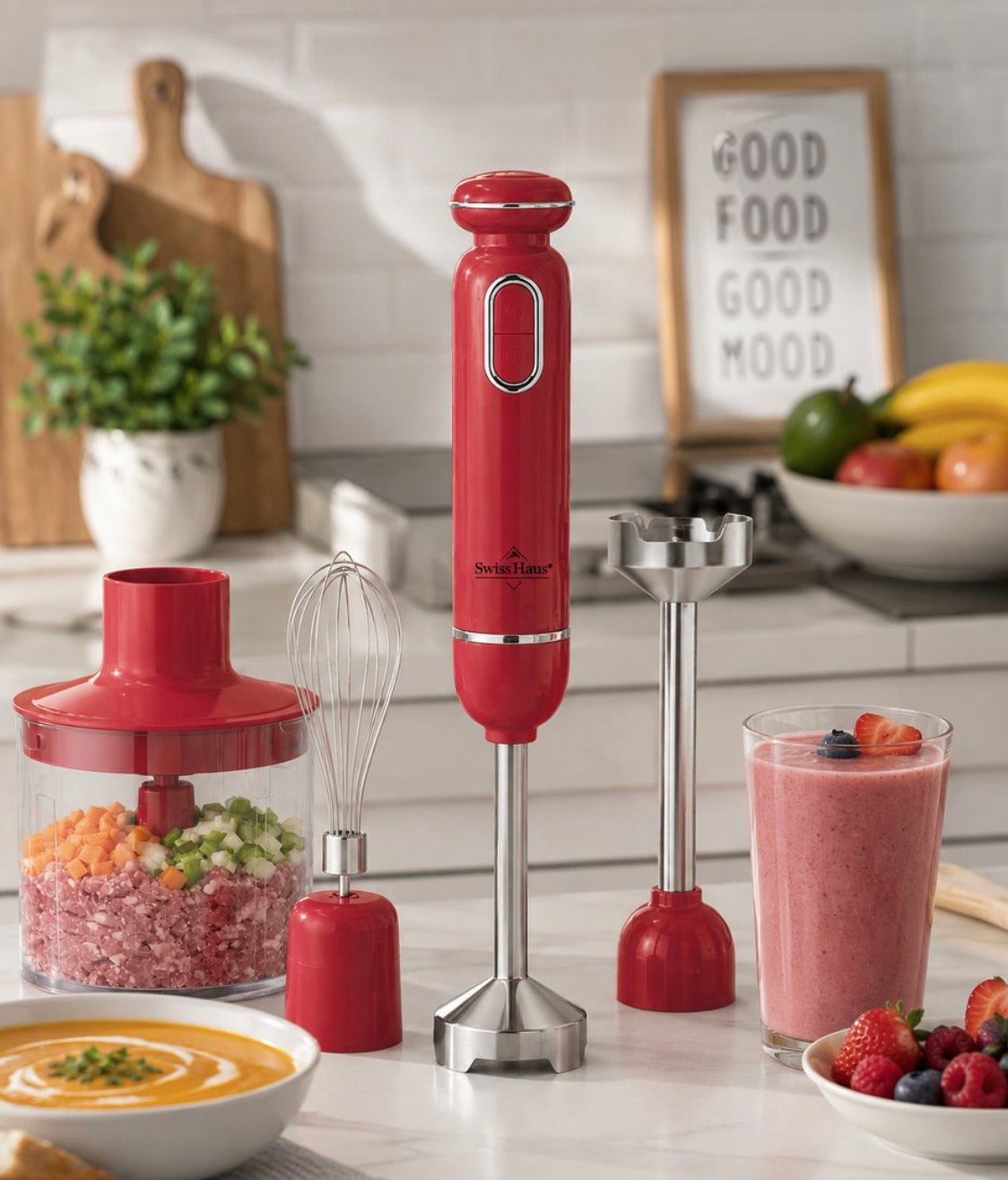 Set mixer vertical 3 în 1 Swiss Haus® – Lake Geneva Collection, 600 W, cu tocător de 500 ml și tel