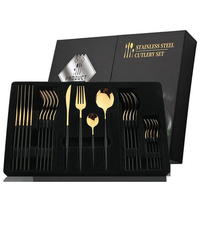 Set tacâmuri 24 piese – Negru & Auriu | Oțel inoxidabil 18/10