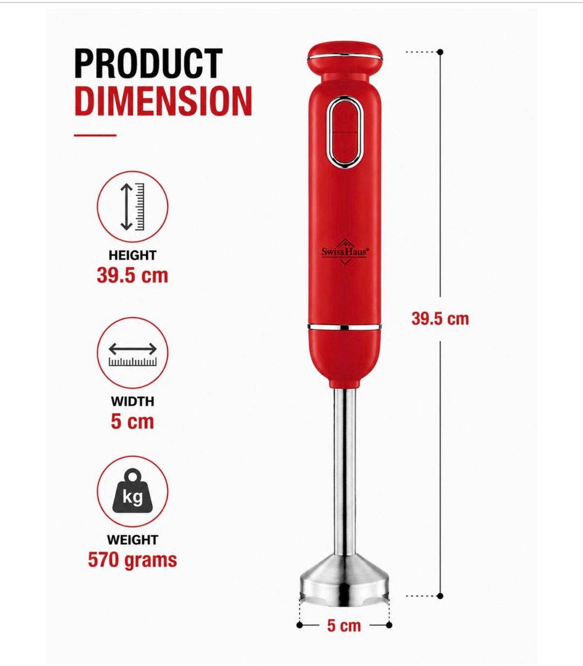 Mixer vertical Swiss Haus® Lake Geneva Collection – 600 W, funcție Turbo, picior detașabil din inox, roșu