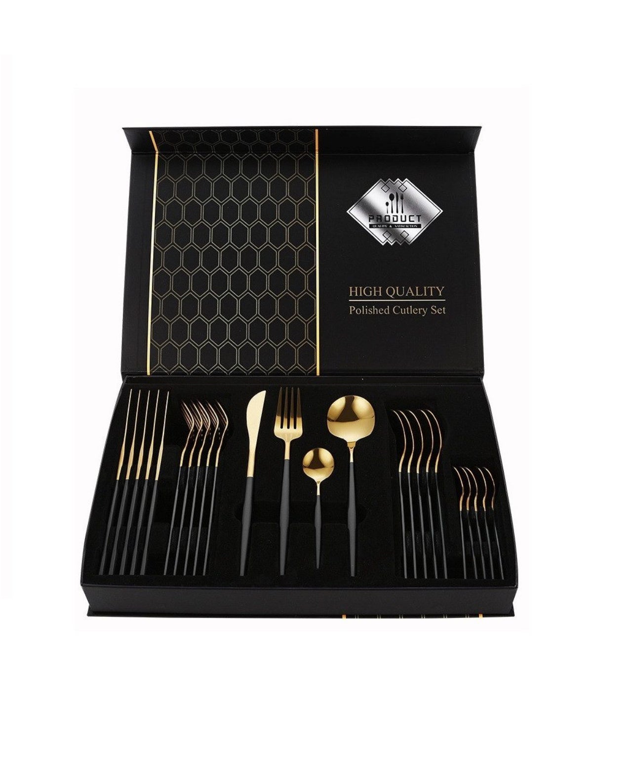 Set tacâmuri 24 piese – Negru & Auriu | Oțel inoxidabil 18/10