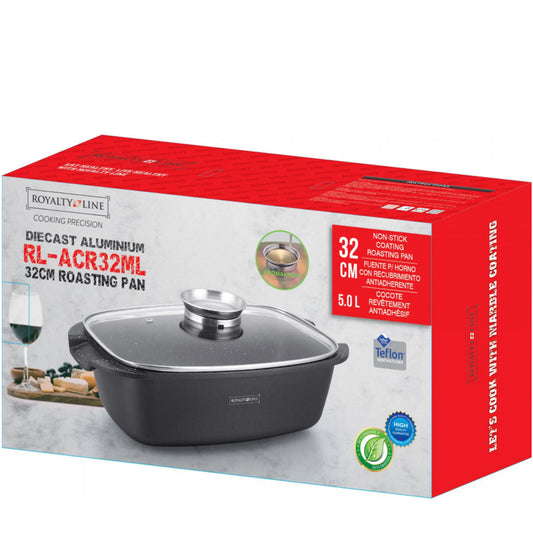 Royalty Line - Oală cu capac din sticlă, antiaderentă, potrivită pentru inducție, neagră, 5 litri, 32  cm.
