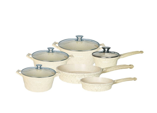 Set Diamant  Bej Tigăi și Oale 12 Piese cu Capace din Sticlă – Aluminiu Turnat, Antiaderent, Potrivit pentru Inducție și Toate Tipurile de Plite