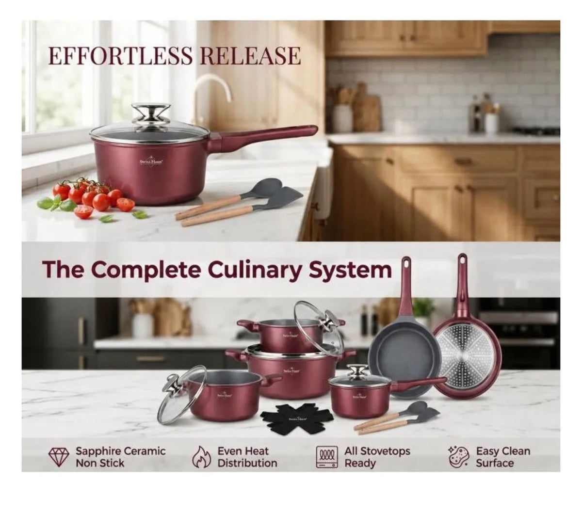 Set oale și tigăi Swiss Haus® Basel Collection – 14 piese Burgundy