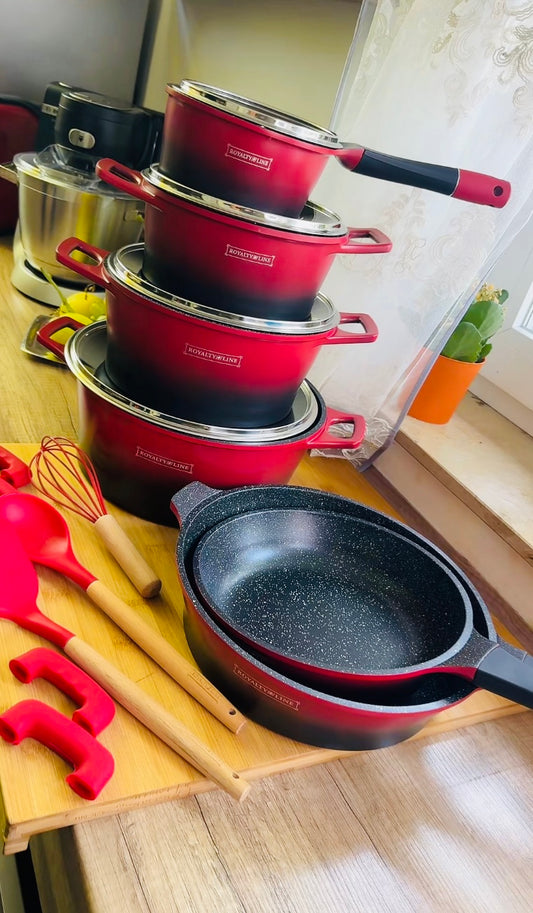 *Set de Vase de Gătit Royalty Line - 17 Piese Marmor Antiaderent - Roșu cu Negru în Degrade**