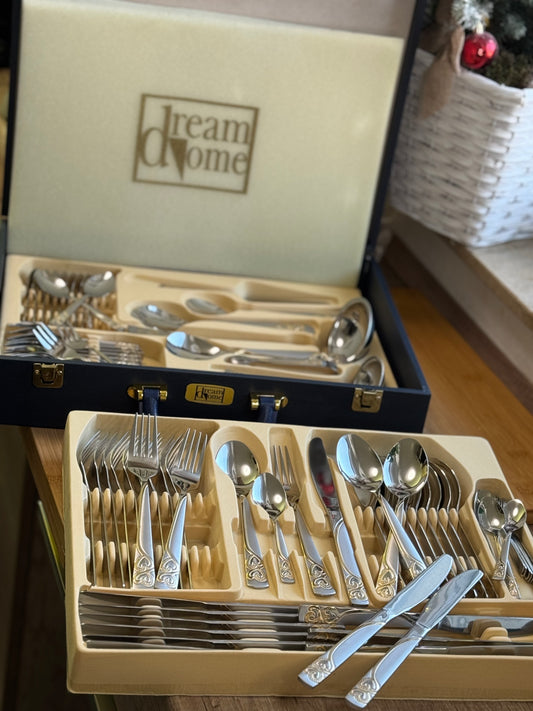 Set Tacâmuri Premium 72 Piese din Oțel Inoxidabil 18/10 – 12 Persoane, Argintiu & Auriu, cu Koffer