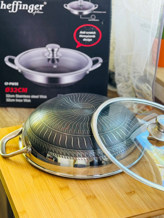 *Tigaie Wok 32 cm din Oțel Inoxidabil 18/10 cu Structură în Formă de Alveolă Ø32 cm pentru Inducție**