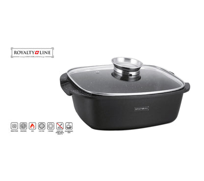 Royalty Line - Oală cu capac din sticlă, antiaderentă, potrivită pentru inducție, neagră, 5 litri, 32  cm.