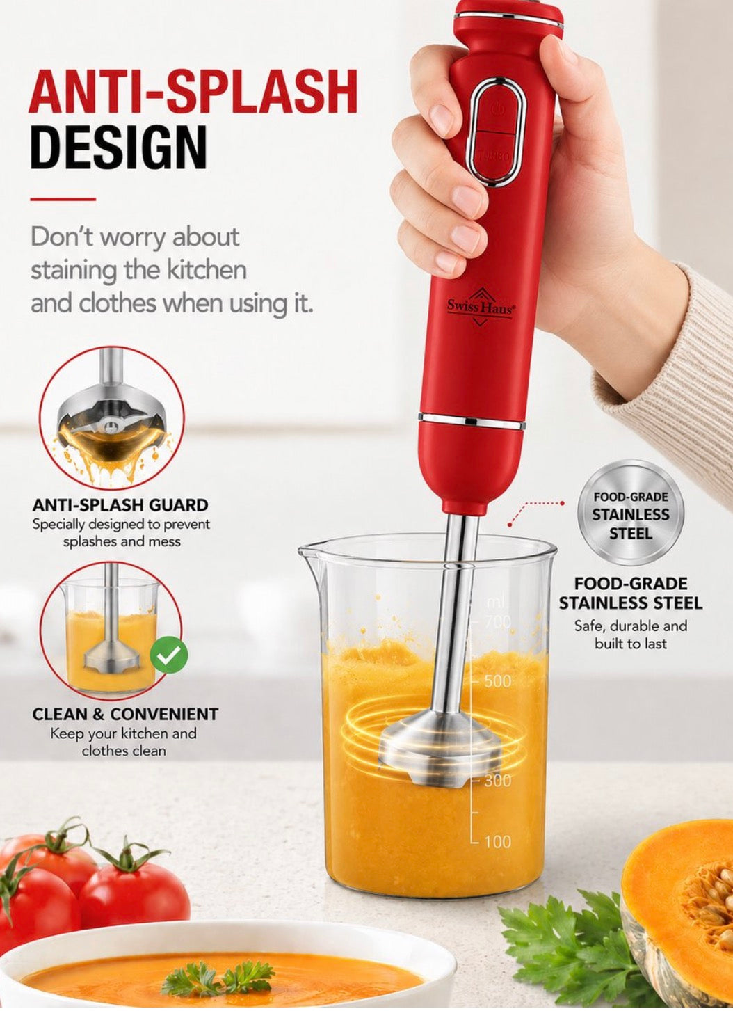Mixer vertical Swiss Haus® Lake Geneva Collection – 600 W, funcție Turbo, picior detașabil din inox, roșu