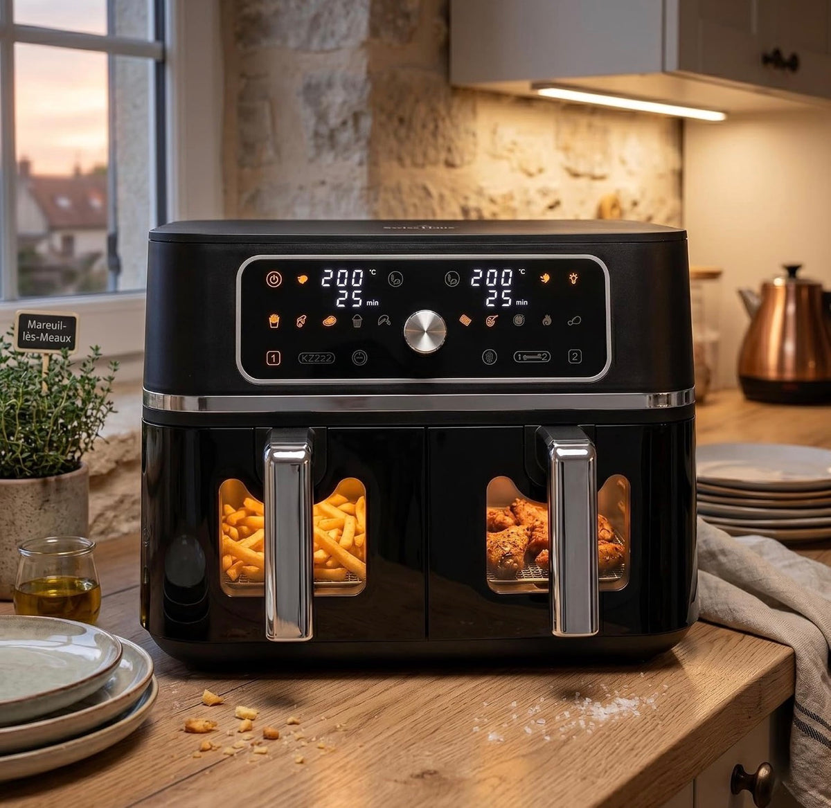 Friteuză cu aer cald Swiss Haus® Basel Premium Collection – 9 L, două coșuri, 3100 W, neagră