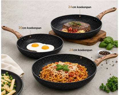 Set 3 tigăi VARENO cu strat antiaderent marmorat – 20/24/28 cm – Bej