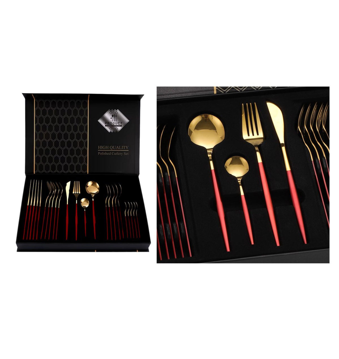 Set tacâmuri 24 piese – Roșu & Auriu | Oțel inoxidabil 18/10
