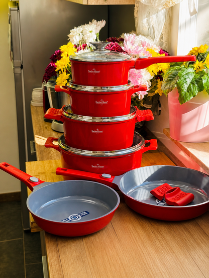🍳 Set oale și tigăi 19 piese SwissHaus – Ceramică Sapphire antiaderentă, mânere detașabile, pentru toate plitele & cuptor 🔴