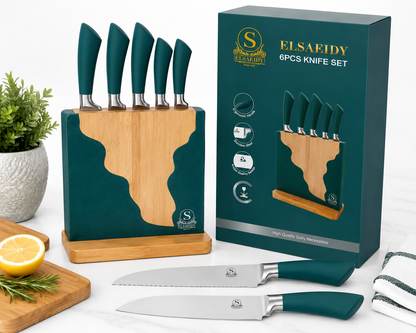 Set de Cuțite Premium ELSAEIDY – 6 Piese cu Suport Elegant din Lemn, Verde