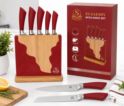 Set de Cuțite Premium ELSAEIDY – 6 Piese cu Suport Elegant din Lemn, Roșu