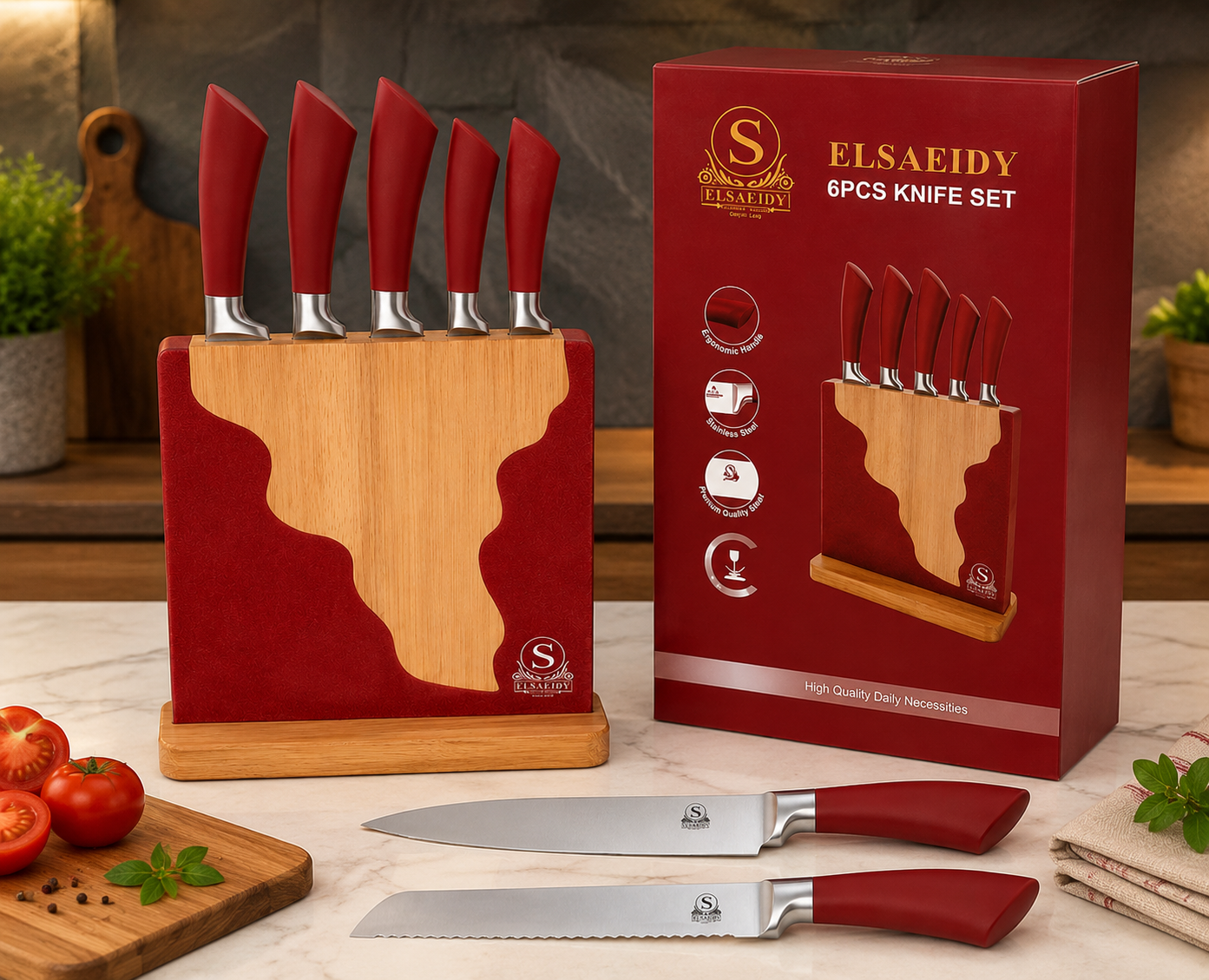 Set de Cuțite Premium ELSAEIDY – 6 Piese cu Suport Elegant din Lemn, Roșu